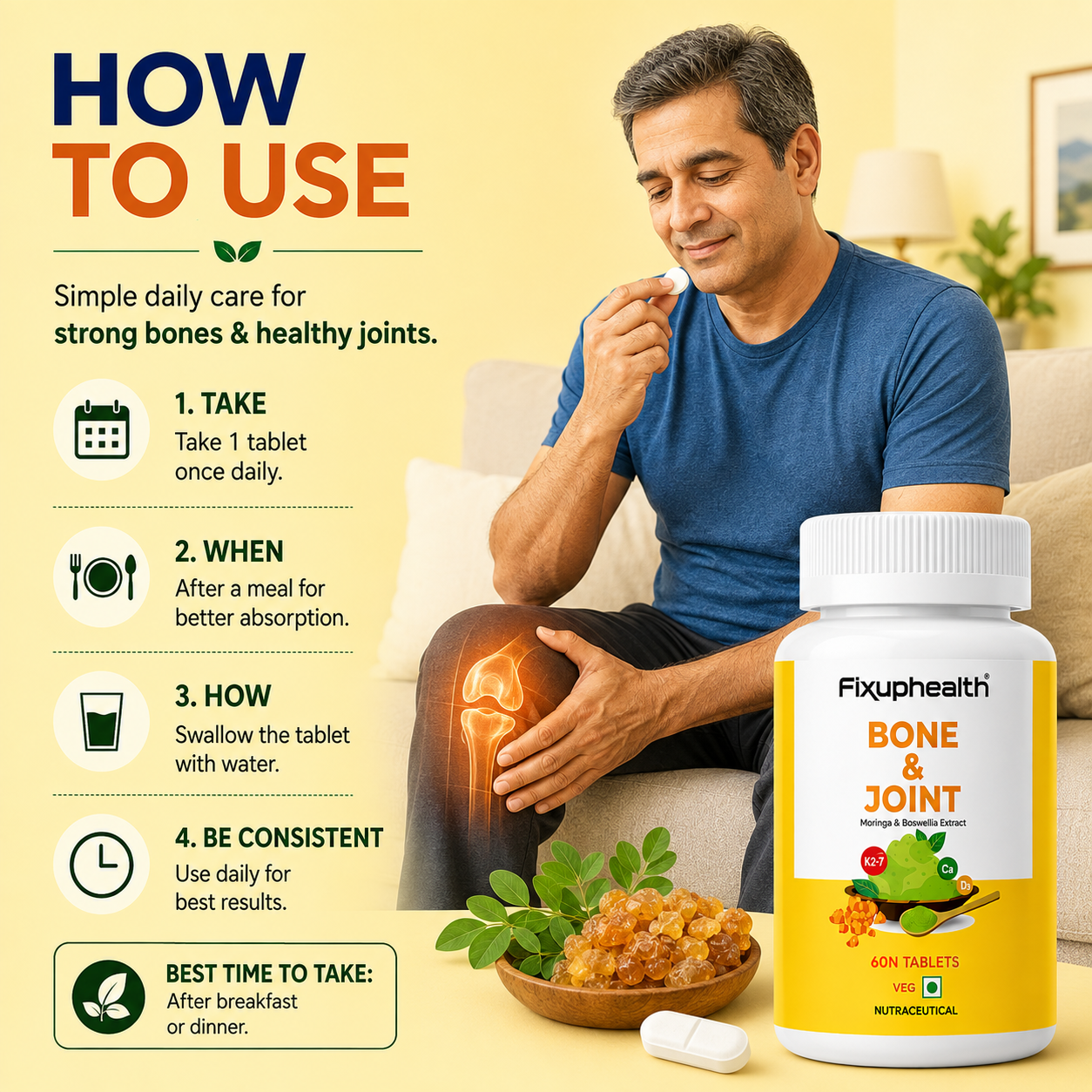 Bone & Joint Tablets | Moringa Leaf Extract, Boswellia Extract, Calcium Citrate Malate, Magnesium, Vitamin D2 & Vitamin K2-7 | 60 Tablets