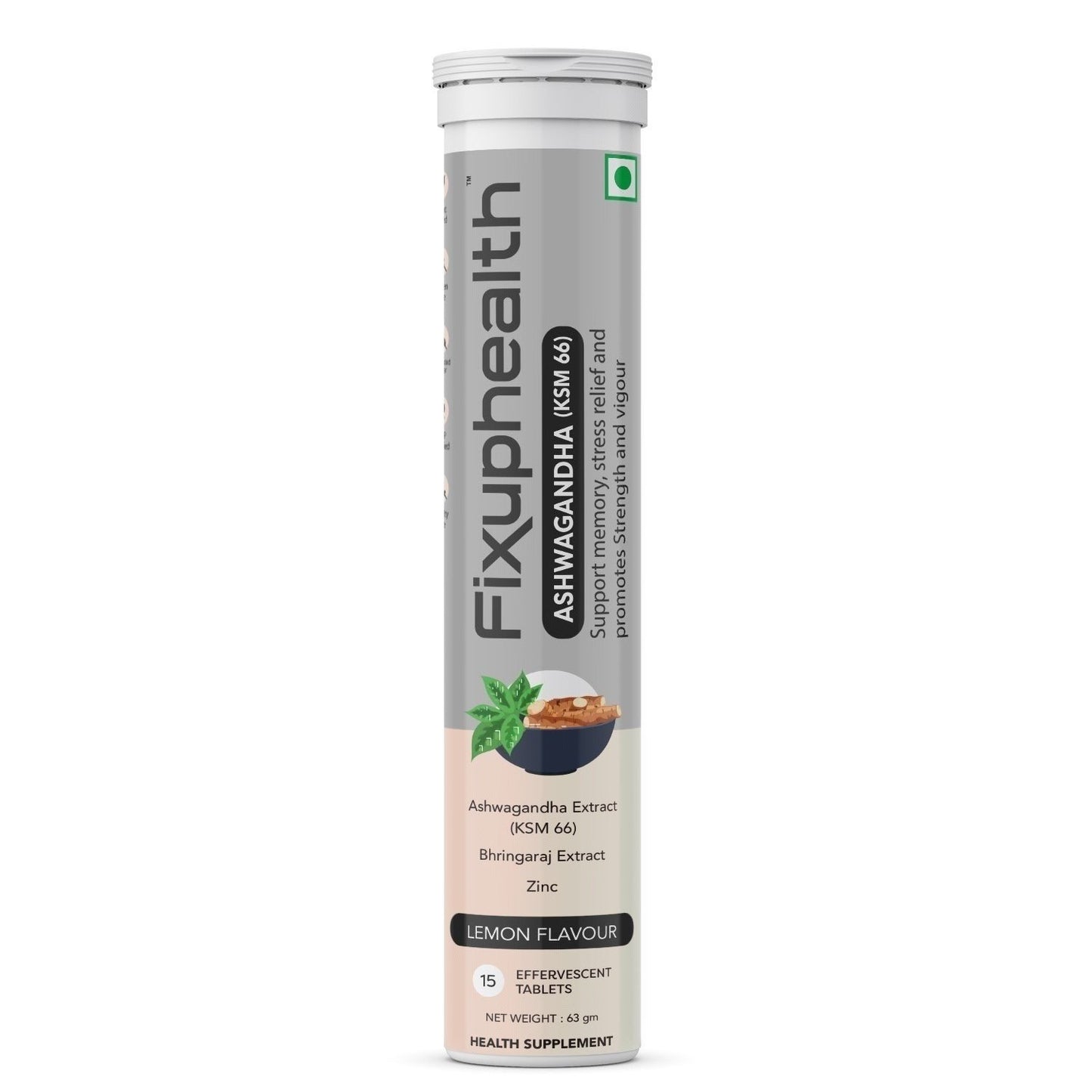 Packaging of Fixuphealth Ashwagandha Extract KSM66 Bhringaraj Extract with Zinc Effervescent Tablets in Lemon Flavour, displaying nutritional information and branding.