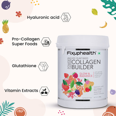Fixuphealth Collagen Builder Veg Plant based powder for Women and Men for Skin Glow with Hyaluronic Acid Glutathione Vitamin Extracts Pro collagen super food 200 gram Strawberry flavour No added sugar