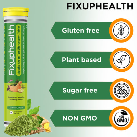 Fixuphealth Japanese Matcha Green Tea with Ashwagandha Effervescent Tablet Lemon Flavour For Weight management Dark circle Pigmentation Detox Energy Booster High Antioxidant 15 Tablet each (Pack of 3)