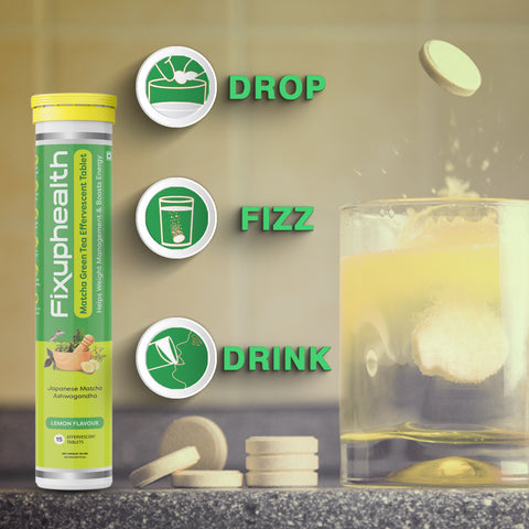 Fixuphealth Japanese Matcha Green Tea with Ashwagandha Effervescent Tablet Lemon Flavour For Weight management Dark circle Pigmentation Detox Energy Booster High Antioxidant 15 Tablet each (Pack of 3)