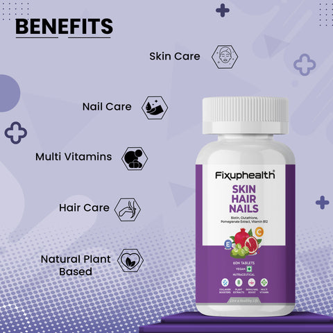 Fixuphealth Skin Hair Nail Supplement Biotin Glutathione Vitamin B12 Plant Extract Collagen Booster Multivitamin for hair Growth Glowing Skin Vegan 60 Tablets Pack Of 1