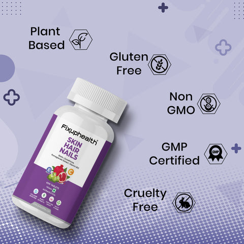 Fixuphealth Skin Hair Nail Supplement Biotin Glutathione Vitamin B12 Plant Extract Collagen Booster Multivitamin for hair Growth Glowing Skin Vegan 60 Tablets Pack Of 1