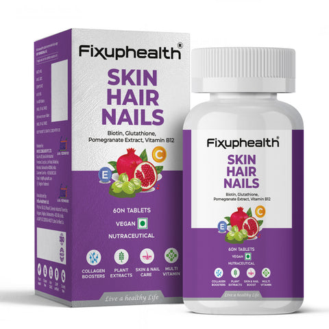 Fixuphealth Skin Hair Nail Supplement Biotin Glutathione Vitamin B12 Plant Extract Collagen Booster Multivitamin for hair Growth Glowing Skin Vegan 60 Tablets Pack Of 1