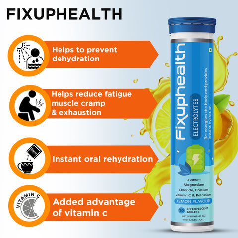 Fixuphealth Electrolytes Tablets Containing Sodium Magnesium, Calcium Chloride and Vitamin C Effervescent Tablets Lemon Flavour Pack of 1 20 tablets each pack Useful for Great source of minerals