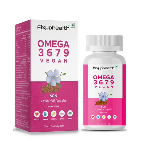 Fixuphealth Omega 3 6 7 9 Vegan Capsule with Flaxseed Sea Buckethorn Nutrition Supplement For Healthy Hair Skin Joint Brain Muscles And Bones 60 Liquid Filled Veg Capsules Pack Of 1