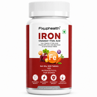 Iron Tablets for Women | Chelated Iron (Ferrous Bisglycinate) with Folic Acid, Vitamin C, Vitamin B12, Zinc, Beetroot & Carrot Extract | 60 Veg Tablets