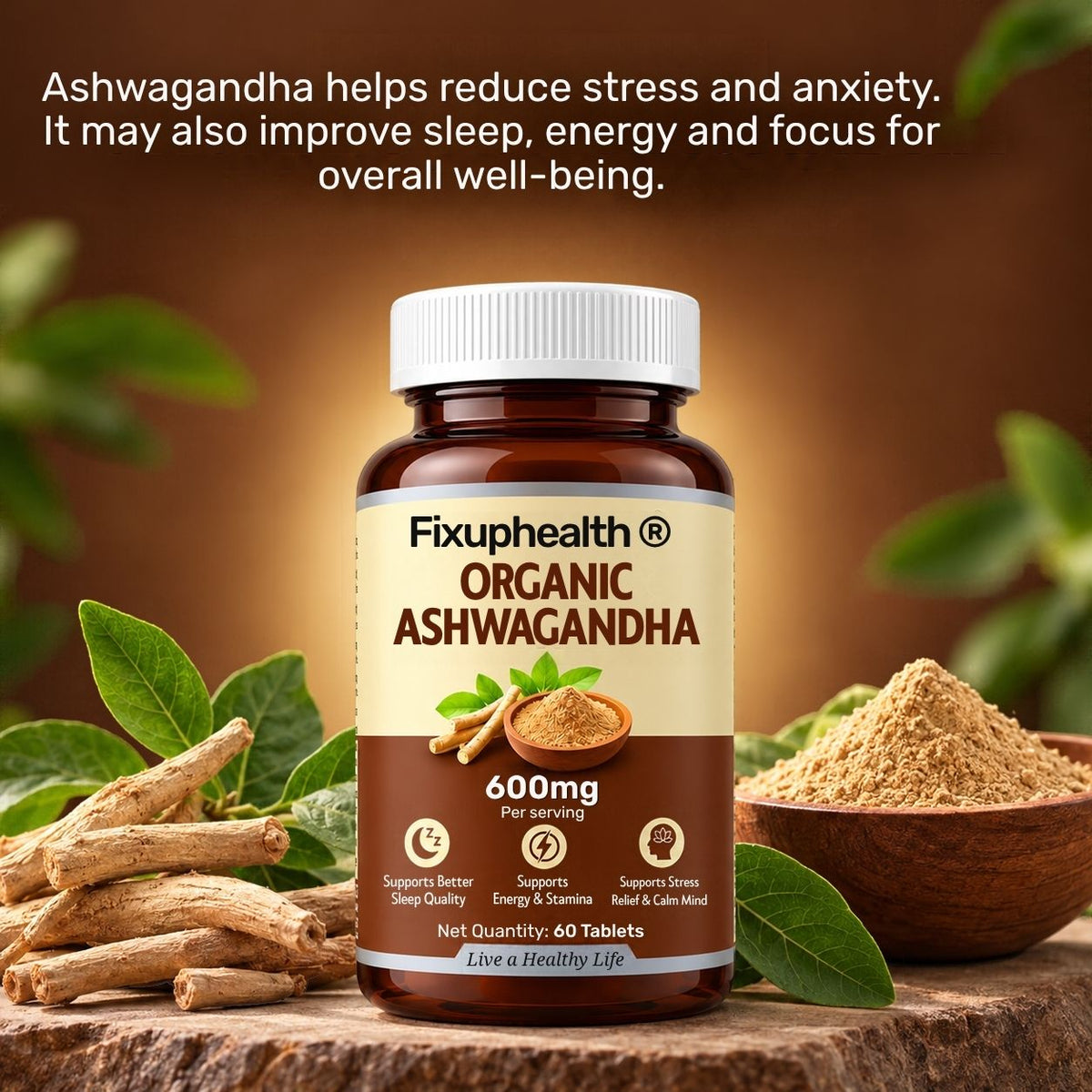Organic Ashwagandha Tablets 600mg | Ayurvedic Herbal Supplement | 60 Tablets