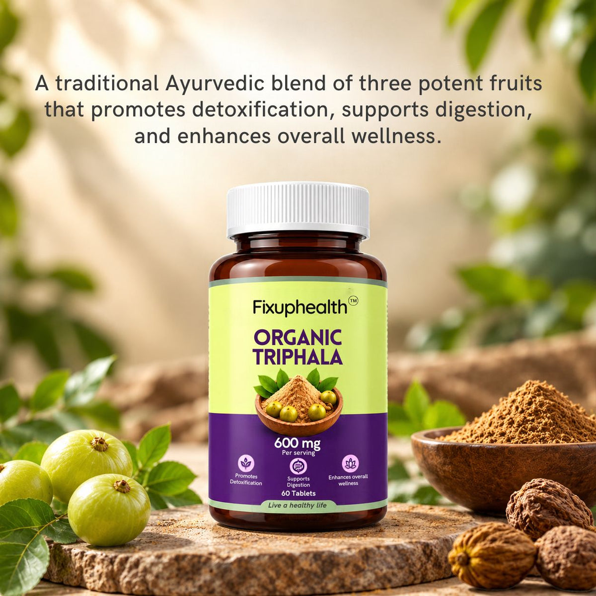 Organic Triphala Tablets 600mg | Amalaki, Haritaki & Vibhitaki | Traditional Ayurvedic Herbal Formulation | 60 Tablets