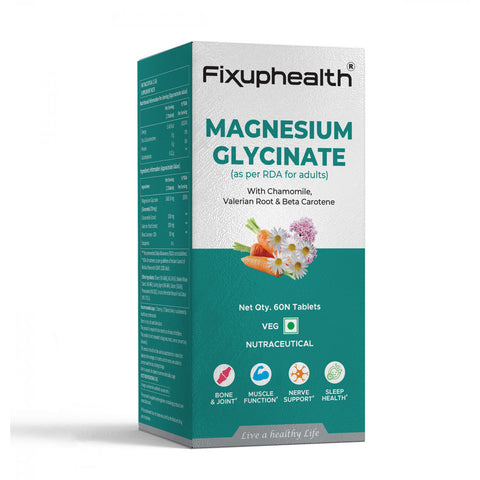 Fixuphealth Magnesium Glycinate Supplement 60 Tablets High Absorption for Sleep Cramps Nerves Health Relaxation Bone & Joint Health