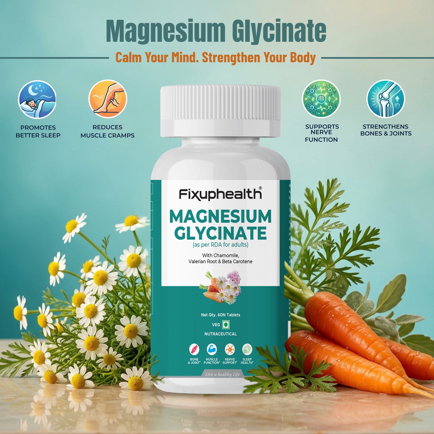 Fixuphealth Magnesium Glycinate supplement bottle with herbs and carrots on a wooden surface