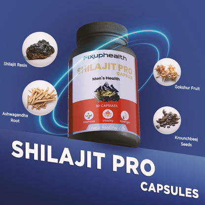 Shilajit Pro capsules bottle with ingredients on a blue background