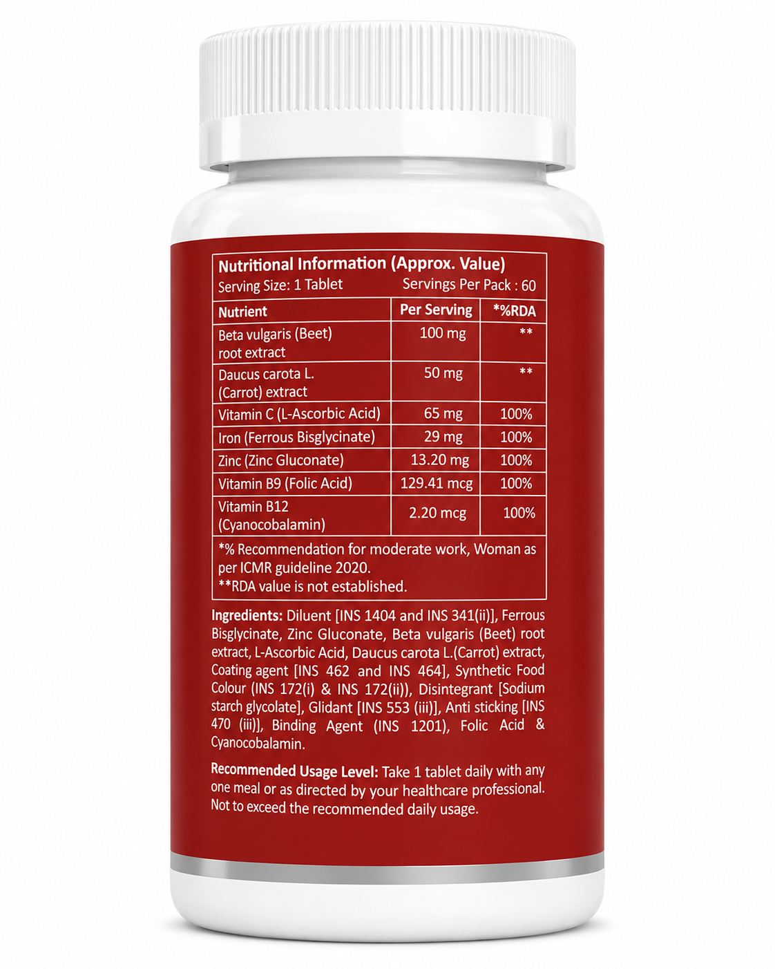 Iron Tablets for Women | Chelated Iron (Ferrous Bisglycinate) with Folic Acid, Vitamin C, Vitamin B12, Zinc, Beetroot & Carrot Extract | 60 Veg Tablets