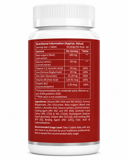 Iron Tablets for Women | Chelated Iron (Ferrous Bisglycinate) with Folic Acid, Vitamin C, Vitamin B12, Zinc, Beetroot & Carrot Extract | 60 Veg Tablets