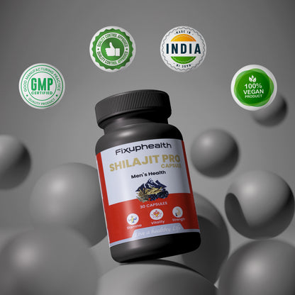Fixuphealth Shilajit Pro capsule bottle with certification logos on a gray background