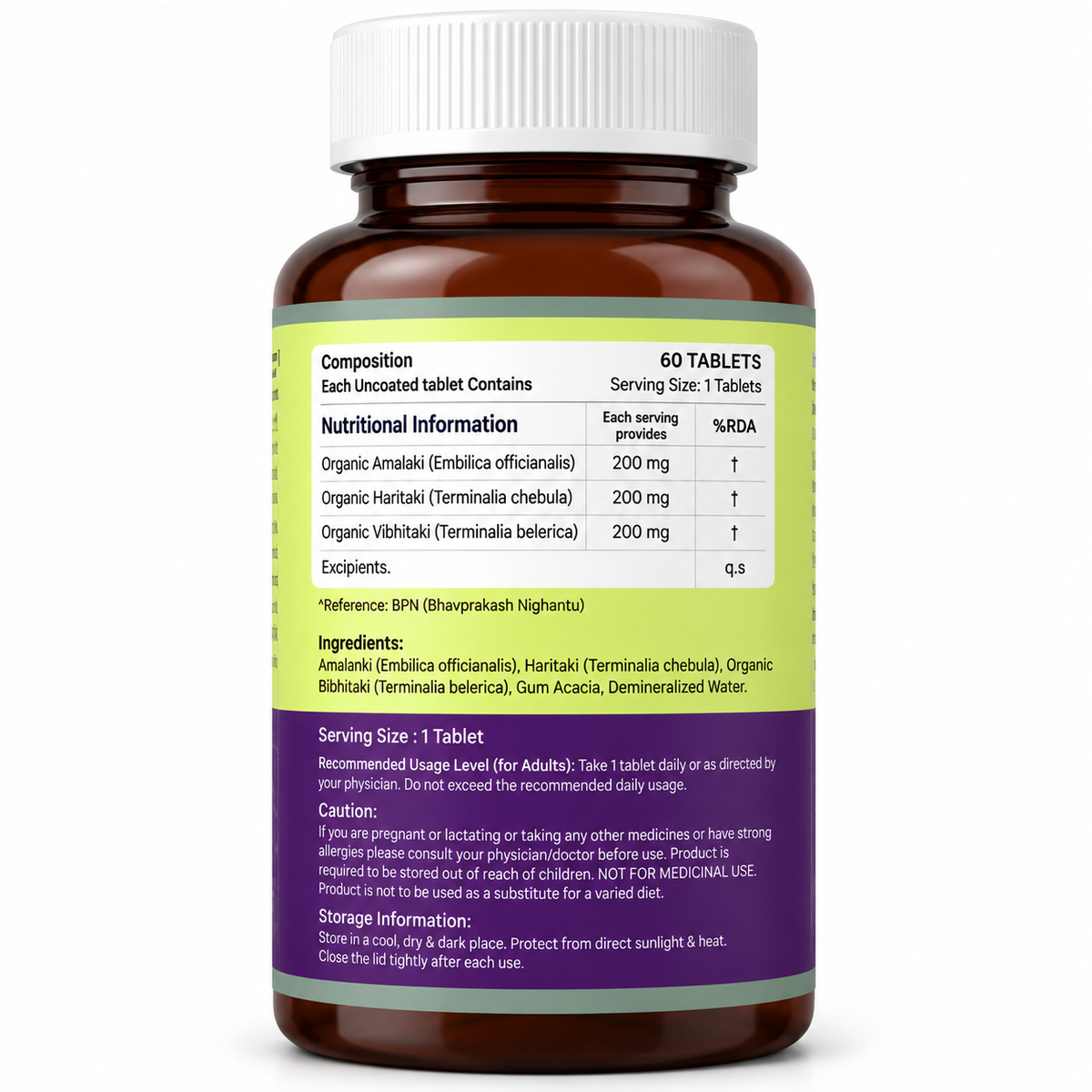 Organic Triphala Tablets 600mg | Amalaki, Haritaki & Vibhitaki | Traditional Ayurvedic Herbal Formulation | 60 Tablets