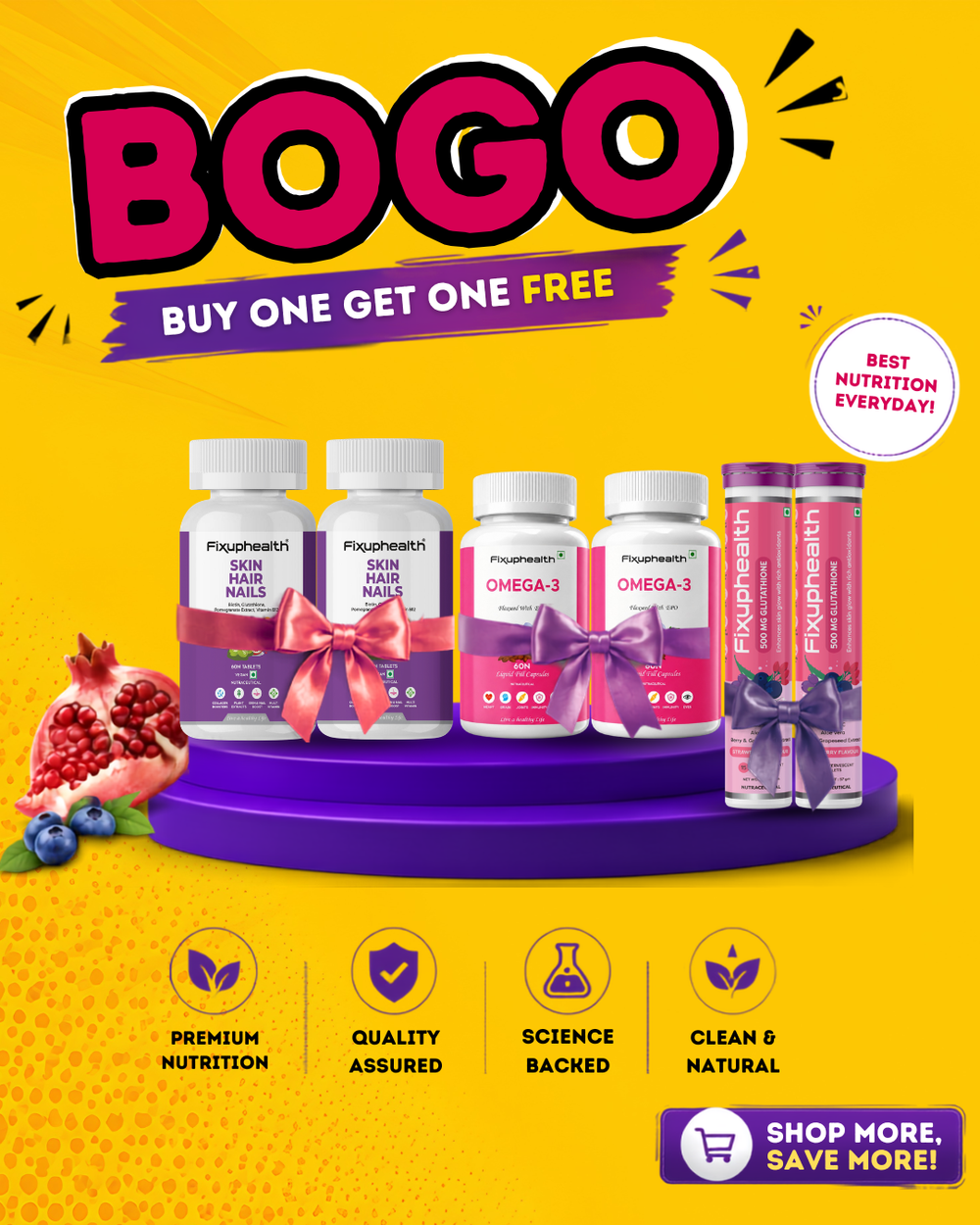 Promotional display of health supplements with 'BOGO' offer on a yellow background