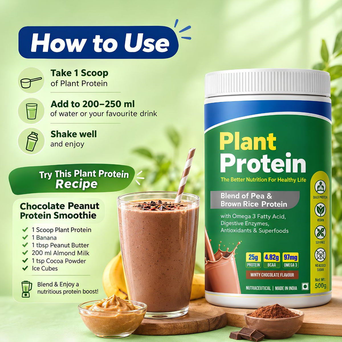 Plant Protein Powder | Pea & Brown Rice Protein | Minty Chocolate Flavour| 500g