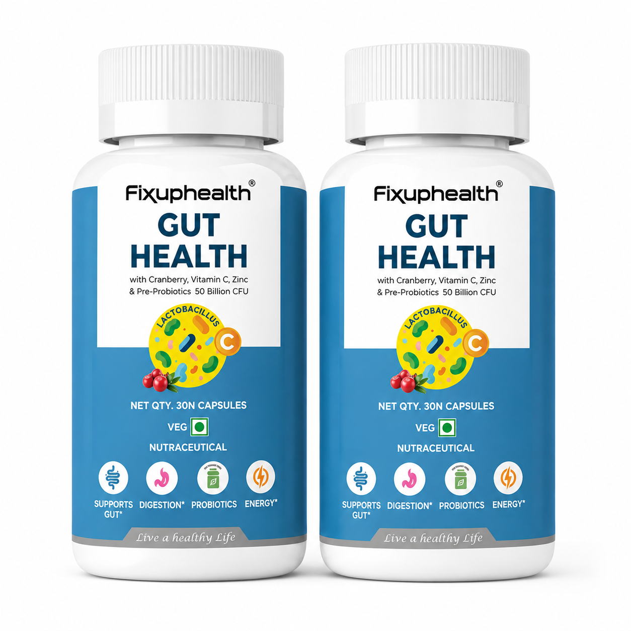 Gut Health Probiotic Capsules | 50 Billion CFU | 20 Probiotic Strains with Prebiotics, Cranberry, Vitamin C & Zinc | 30 Capsules