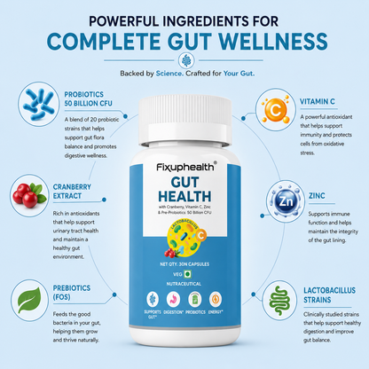 Gut Health Probiotic Capsules | 50 Billion CFU | 20 Probiotic Strains with Prebiotics, Cranberry, Vitamin C & Zinc | 30 Capsules