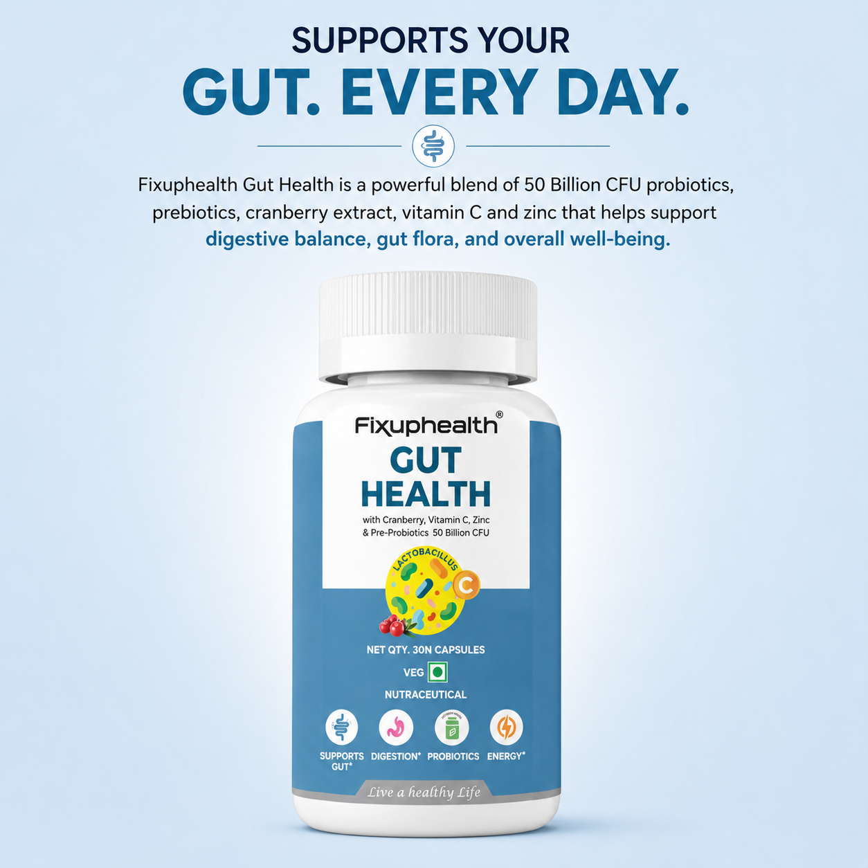 Gut Health Probiotic Capsules | 50 Billion CFU | 20 Probiotic Strains with Prebiotics, Cranberry, Vitamin C & Zinc | 30 Capsules