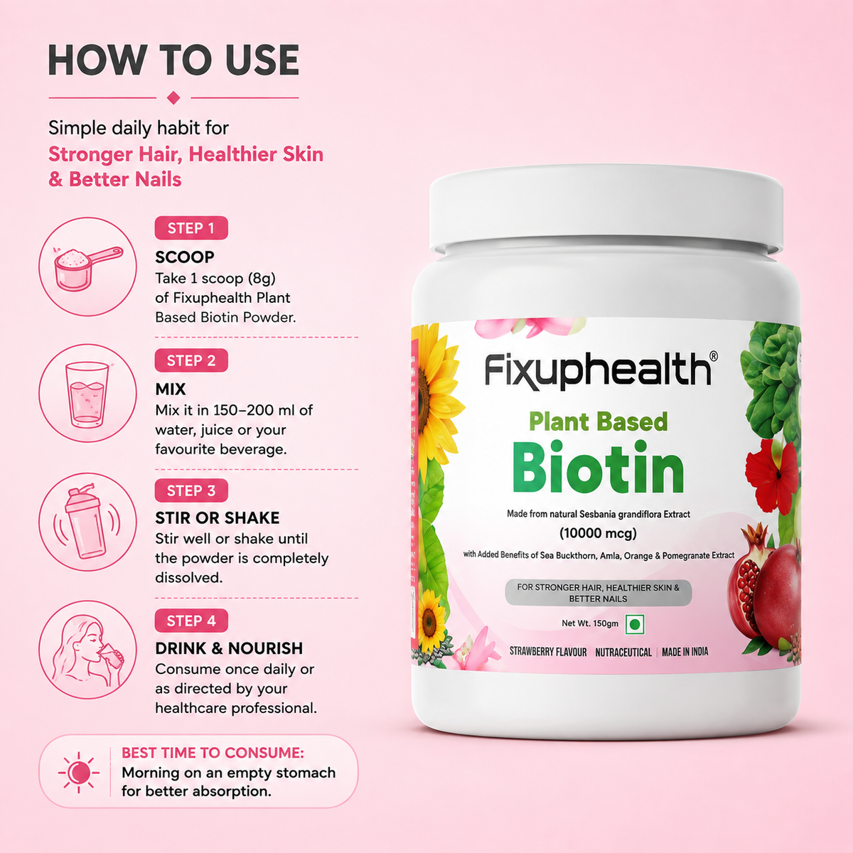 Plant Based Biotin Powder | Sesbania Grandiflora Extract (10,000 mcg), Sea Buckthorn, Amla, Orange & Pomegranate | 150 grams