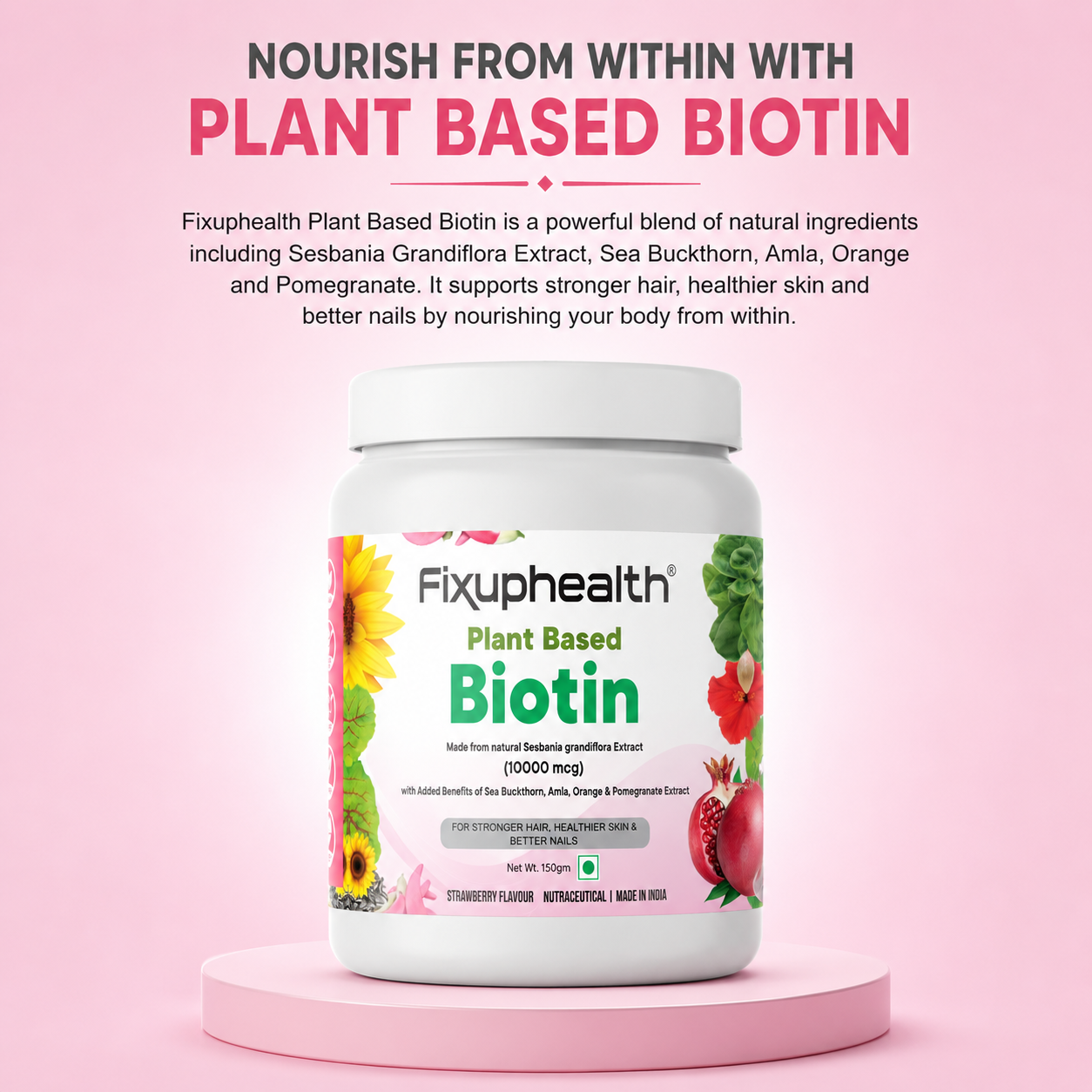 Plant Based Biotin Powder | Sesbania Grandiflora Extract (10,000 mcg), Sea Buckthorn, Amla, Orange & Pomegranate | 150 grams
