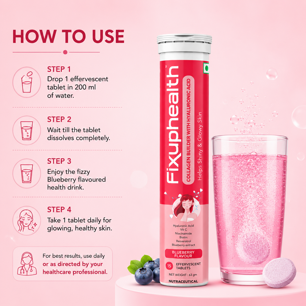 Collagen Builder with Hyaluronic Acid | Hyaluronic Acid, Vitamin C, Niacinamide, Biotin, Resveratrol & Blueberry Extract | 15 Effervescent Tablets