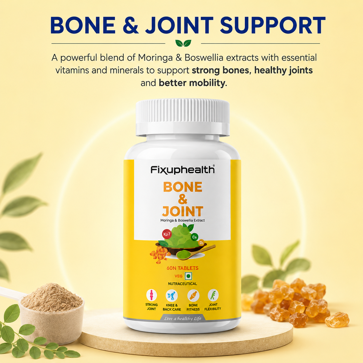 Bone & Joint Tablets | Moringa Leaf Extract, Boswellia Extract, Calcium Citrate Malate, Magnesium, Vitamin D2 & Vitamin K2-7 | 60 Tablets