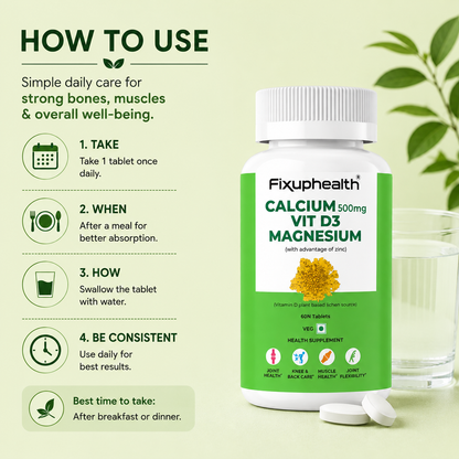 Calcium 500 mg + Vitamin D3 + Magnesium Tablets with Zinc | Plant-Based Vitamin D3 (Lichen Source) | 60 Tablets