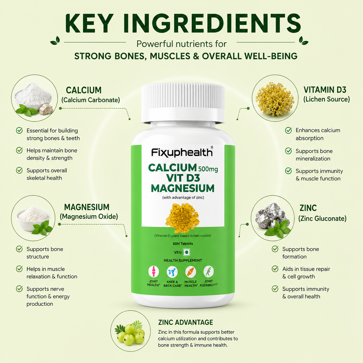 Calcium 500 mg + Vitamin D3 + Magnesium Tablets with Zinc | Plant-Based Vitamin D3 (Lichen Source) | 60 Tablets