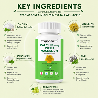 Calcium 500 mg + Vitamin D3 + Magnesium Tablets with Zinc | Plant-Based Vitamin D3 (Lichen Source) | 60 Tablets