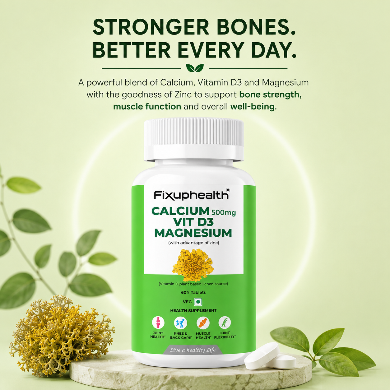 Calcium 500 mg + Vitamin D3 + Magnesium Tablets with Zinc | Plant-Based Vitamin D3 (Lichen Source) | 60 Tablets