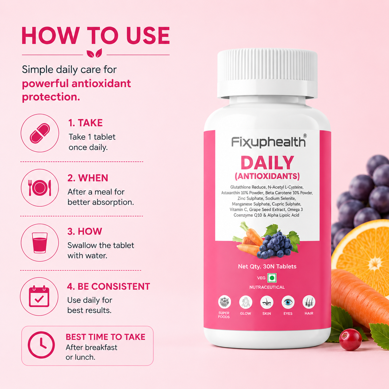 Daily Antioxidant Tablets | Coenzyme Q10, Glutathione, Vitamin C, Omega 3, Grape Seed Extract & Astaxanthin |30 Tablets