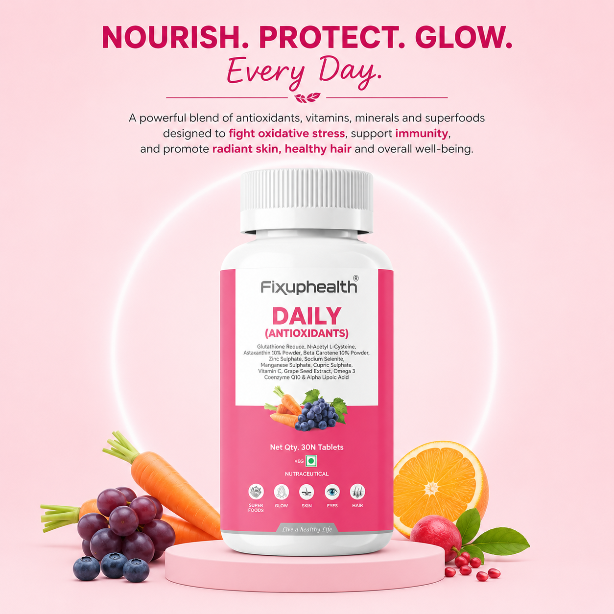 Daily Antioxidant Tablets | Coenzyme Q10, Glutathione, Vitamin C, Omega 3, Grape Seed Extract & Astaxanthin |30 Tablets
