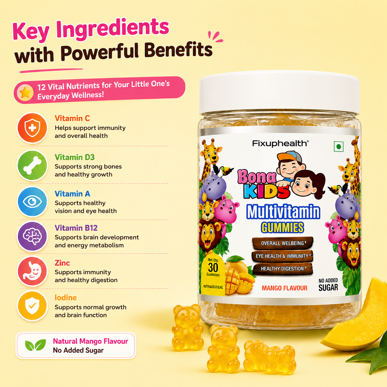 Bona Kids Multivitamin Gummies | Vitamins, Minerals & Prebiotic Fiber| 30 Gummies