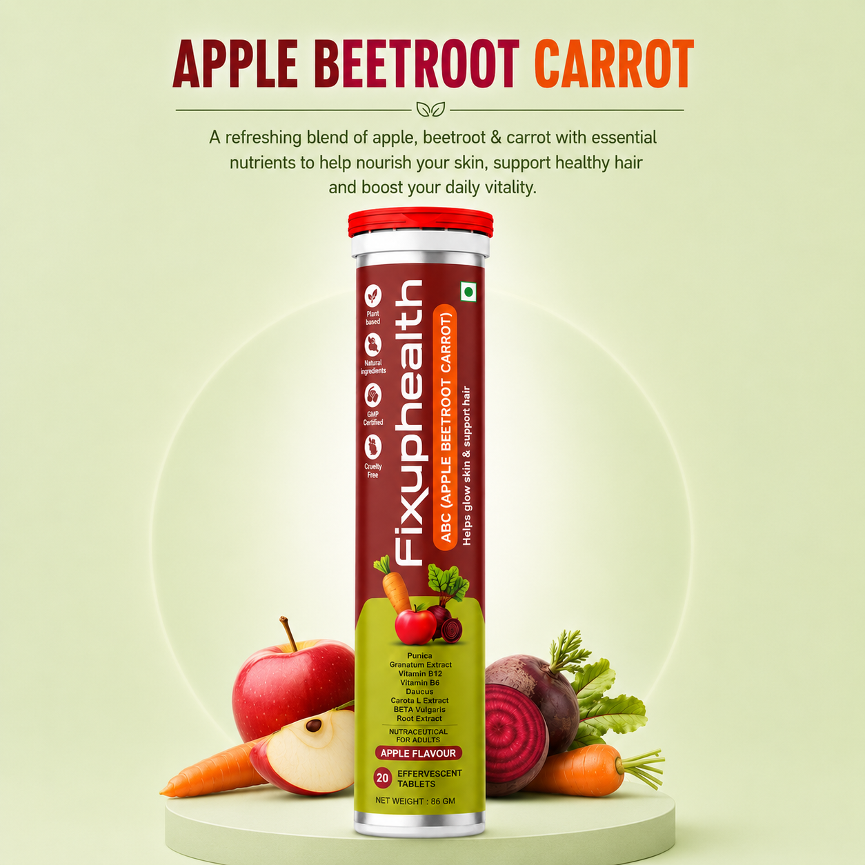 ABC (Apple Beetroot Carrot) | With Apple Cider Vinegar, Beetroot, Carrot, Pomegranate, Vitamin B6 & Vitamin B12 | 20 Tablets