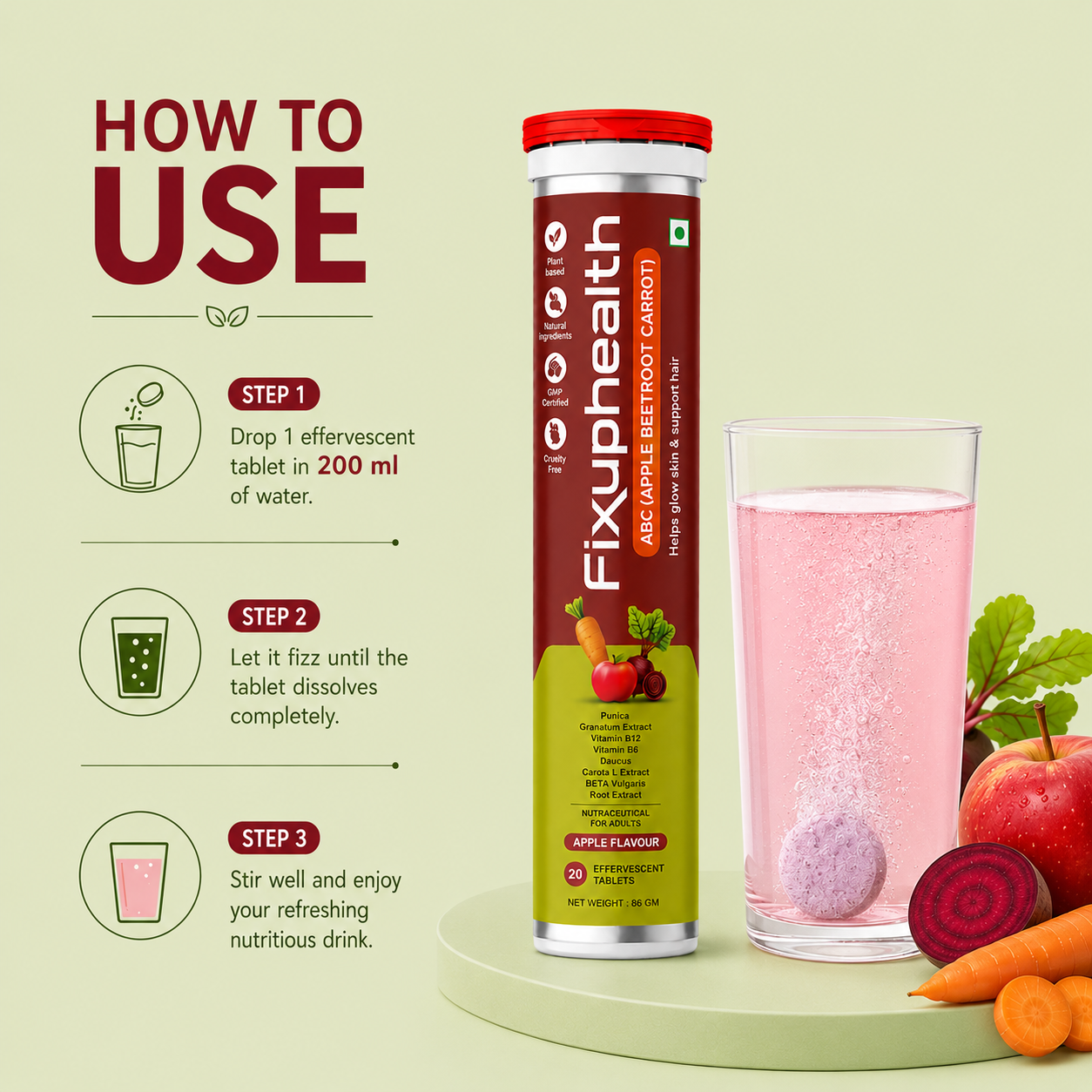 ABC (Apple Beetroot Carrot) | With Apple Cider Vinegar, Beetroot, Carrot, Pomegranate, Vitamin B6 & Vitamin B12 | 20 Tablets