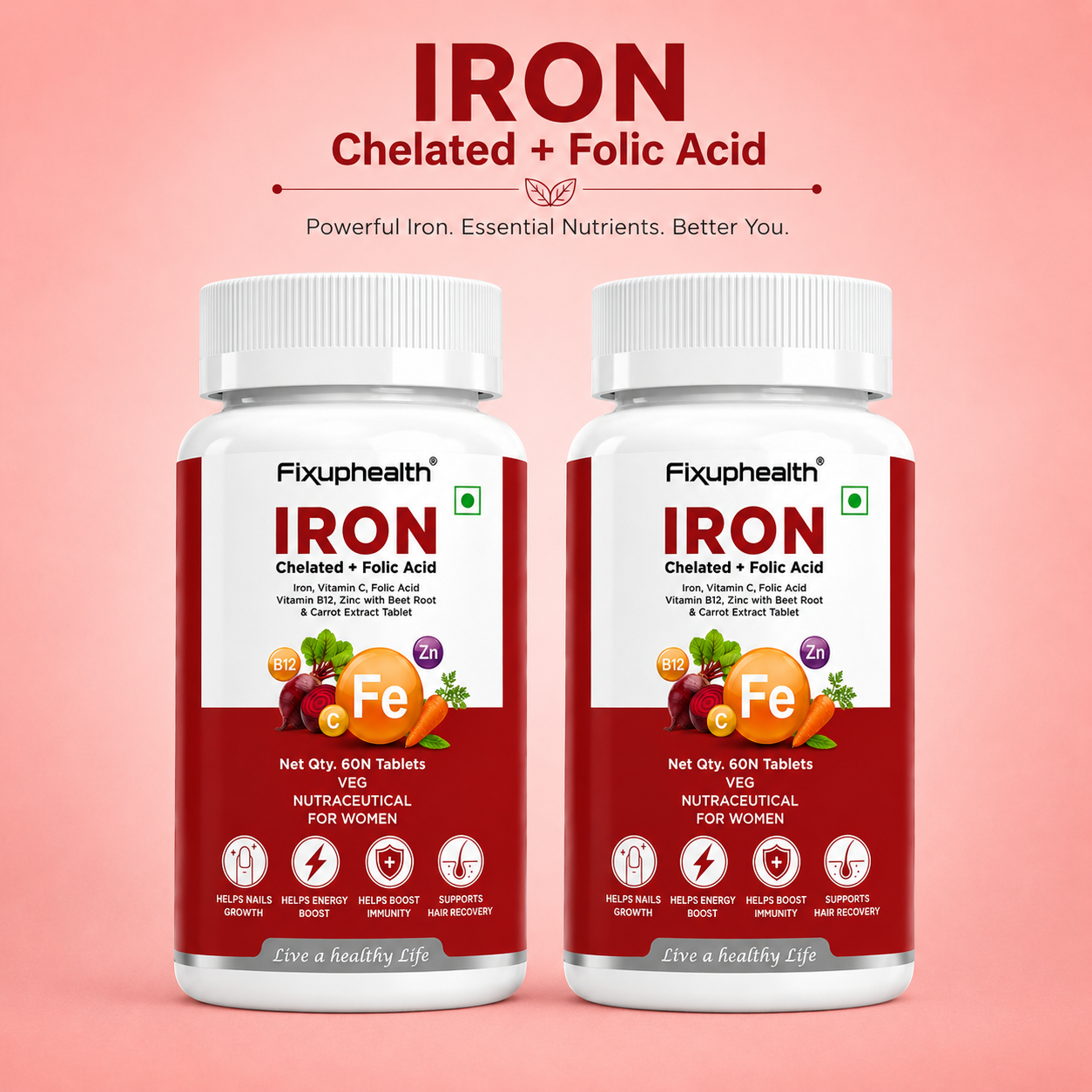 Iron Tablets for Women | Chelated Iron (Ferrous Bisglycinate) with Folic Acid, Vitamin C, Vitamin B12, Zinc, Beetroot & Carrot Extract | 60 Veg Tablets