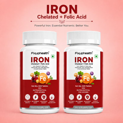 Iron Tablets for Women | Chelated Iron (Ferrous Bisglycinate) with Folic Acid, Vitamin C, Vitamin B12, Zinc, Beetroot & Carrot Extract | 60 Veg Tablets