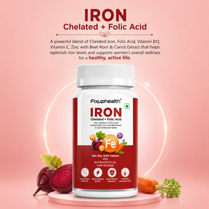 Iron Tablets for Women | Chelated Iron (Ferrous Bisglycinate) with Folic Acid, Vitamin C, Vitamin B12, Zinc, Beetroot & Carrot Extract | 60 Veg Tablets
