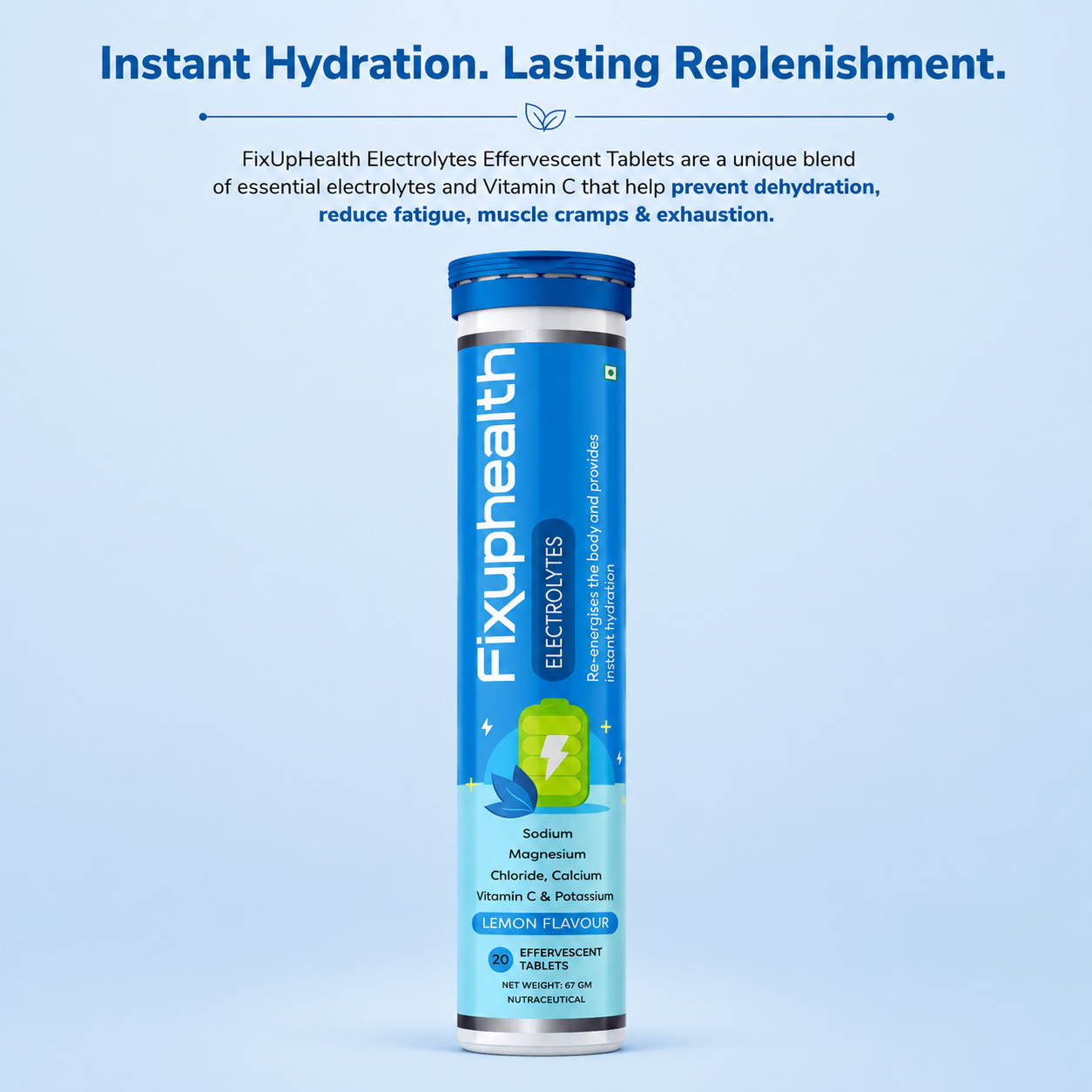 Electrolytes with Vitamin C, Sodium, Potassium, Magnesium & Calcium| 20 Effervescent Tablets
