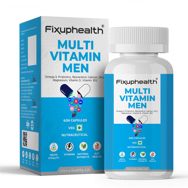 Fixuphealth Multivitamin Supplement tablets for Men Probiotics Vitamin D Vitamin B12 Omega 3 Natural Extract for Resveratrol Zinc Calcium Magnesium Veg 60 Tablets Pack Of 1