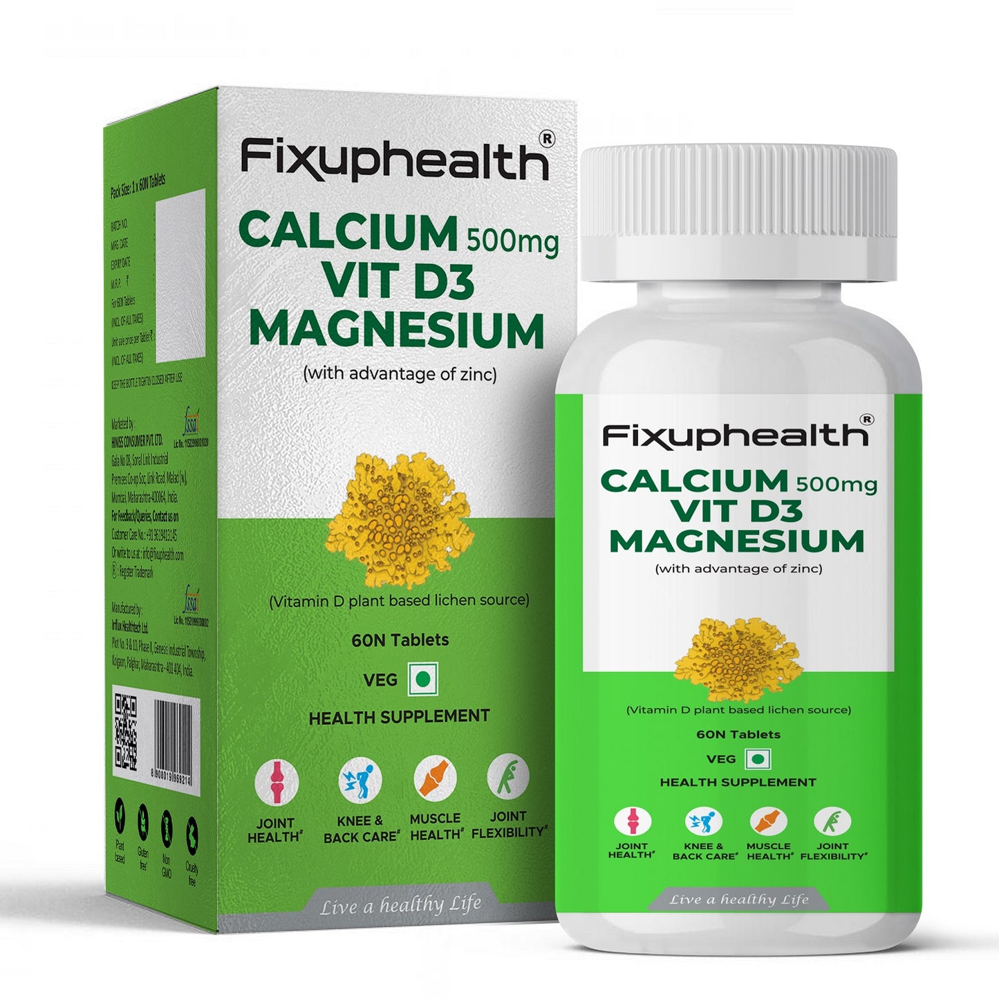 Fixuphealth Calcium, Vitamin D3, Magnesium supplement bottle and packaging on a white background