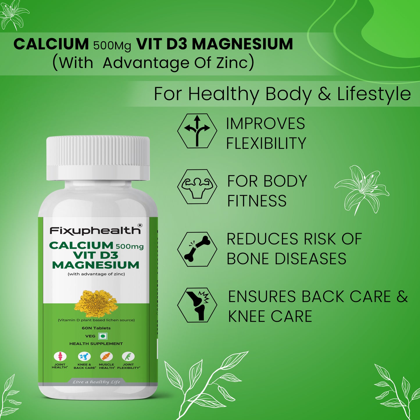 Fixuphealth calcium supplement bottle with green background and health benefits listed.
