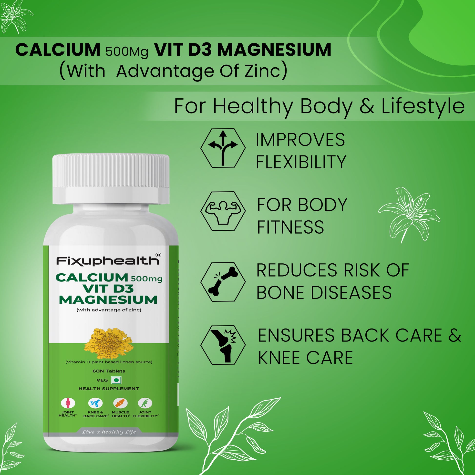 Fixuphealth calcium supplement bottle with green background and health benefits listed.
