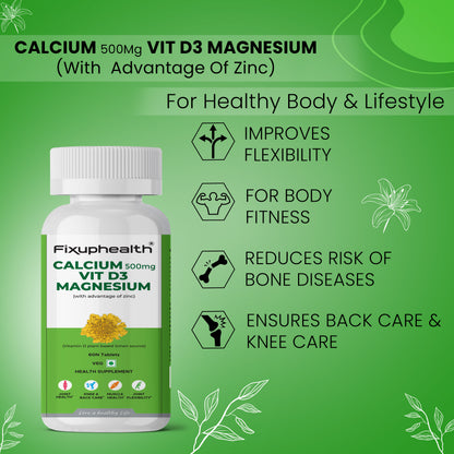 Fixuphealth calcium supplement bottle with green background and health benefits listed.