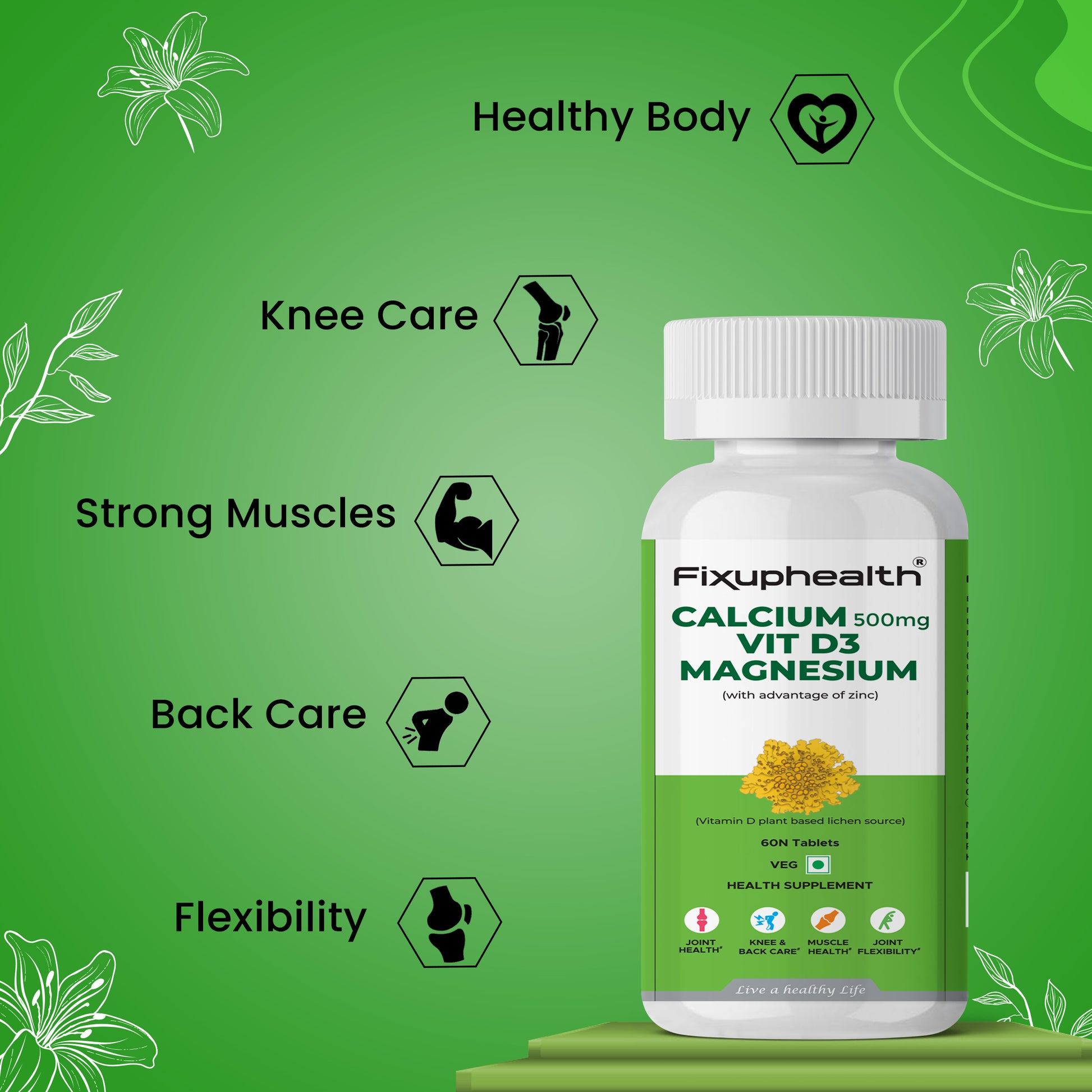 Fixuphealth calcium supplement bottle on a green background with health benefits listed.