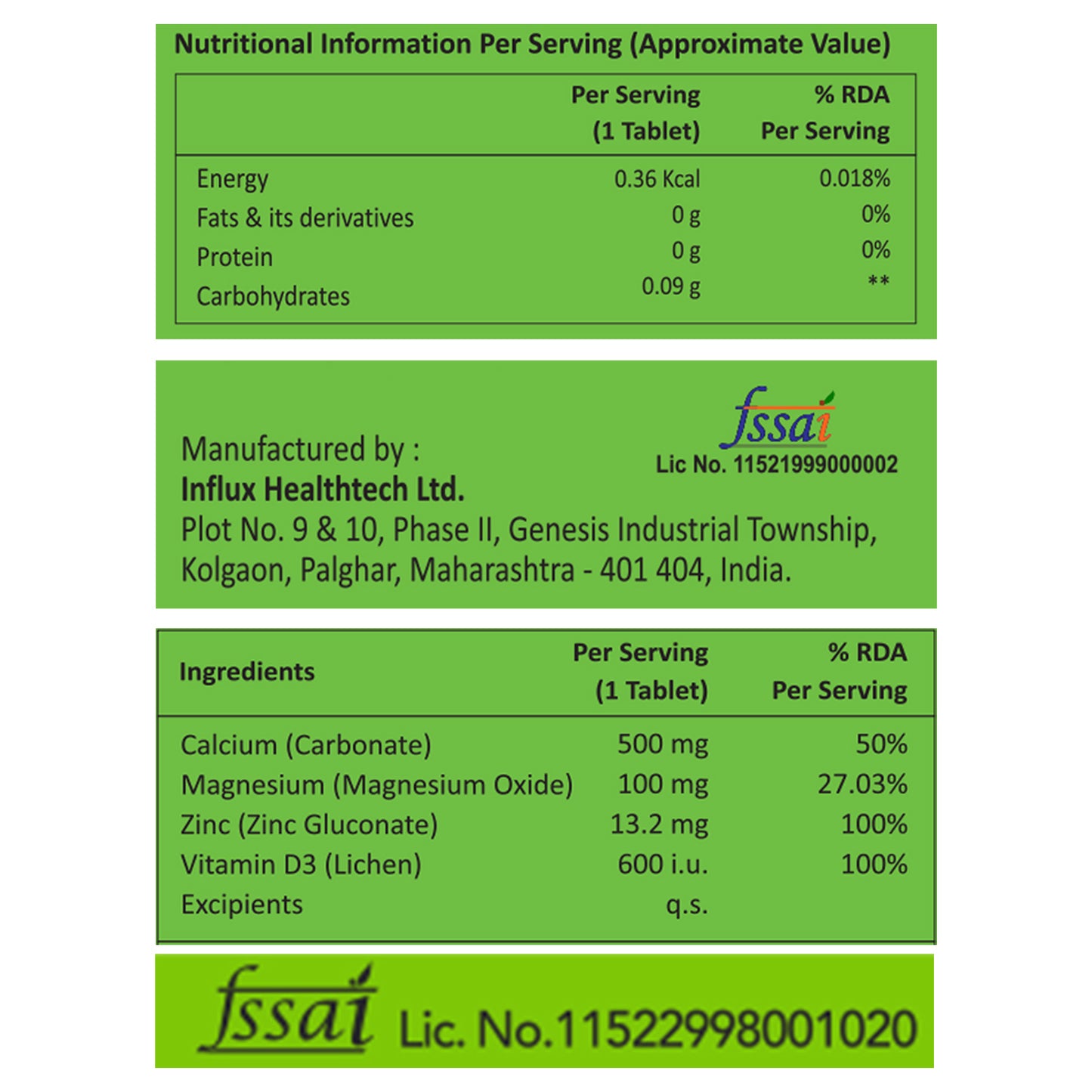 Nutritional information label for a supplement with Influx Healthtech Ltd. branding.
