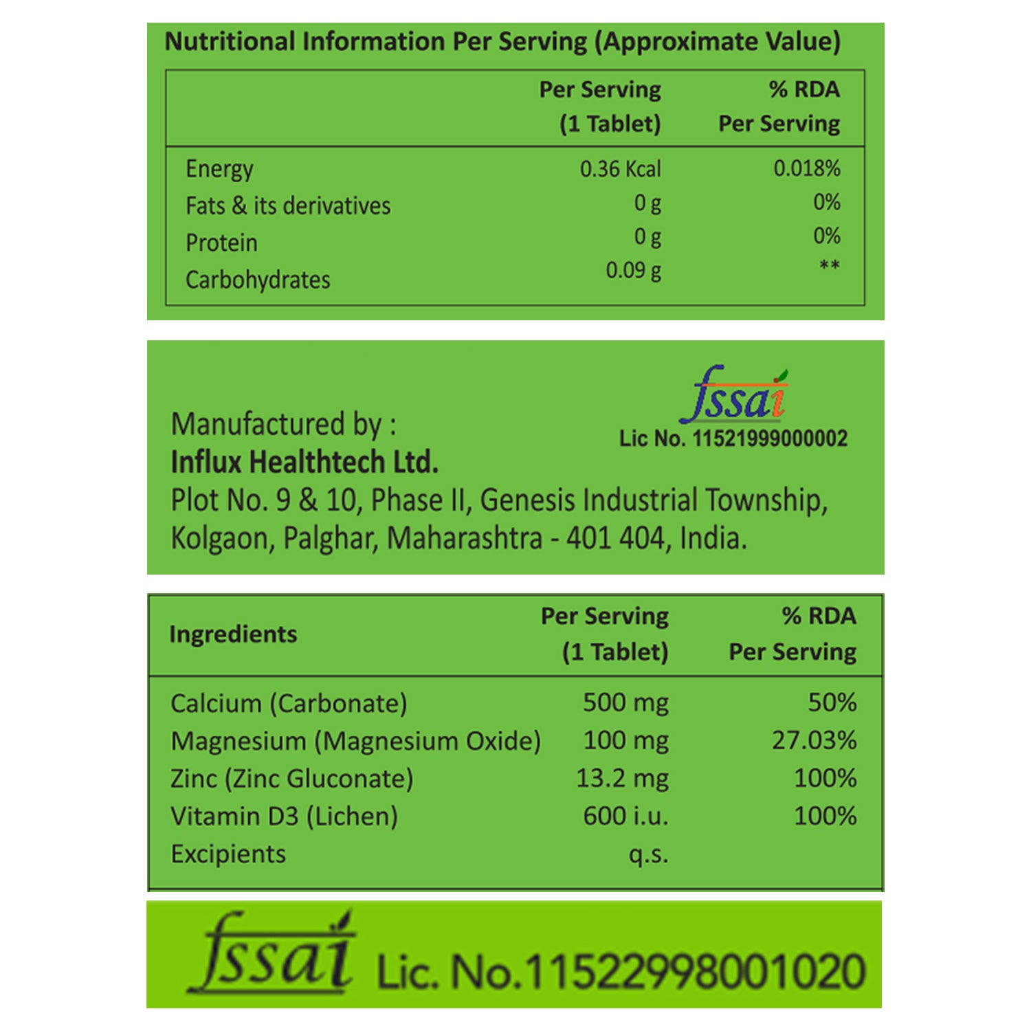 Nutritional information label for a supplement with Influx Healthtech Ltd. branding.